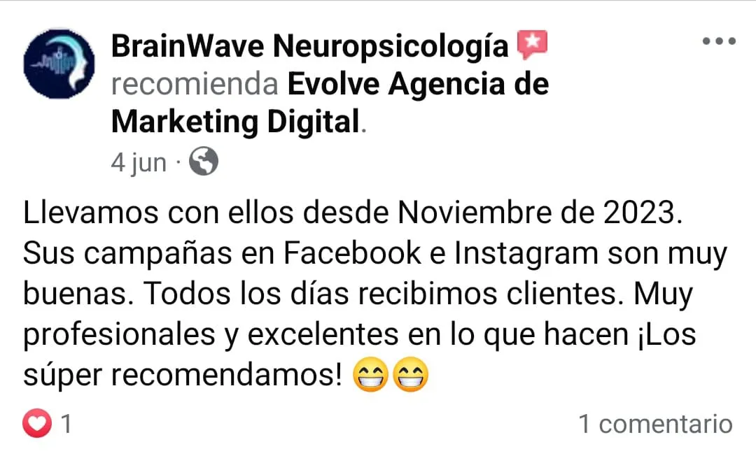 Comentario facebook Agencia de Marketing Digital Evolve, cliente BrainWave Neuropsicología