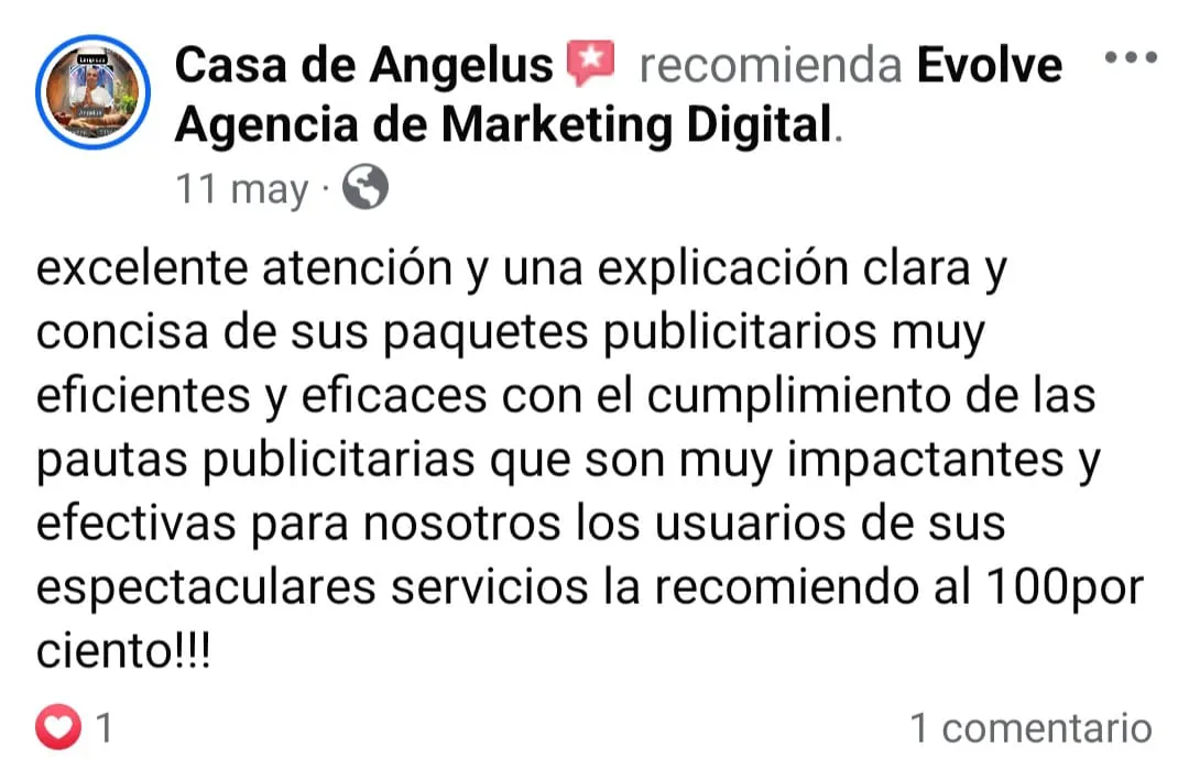 Comentario facebook Agencia de Marketing Digital Evolve, cliente Casa de Angelus