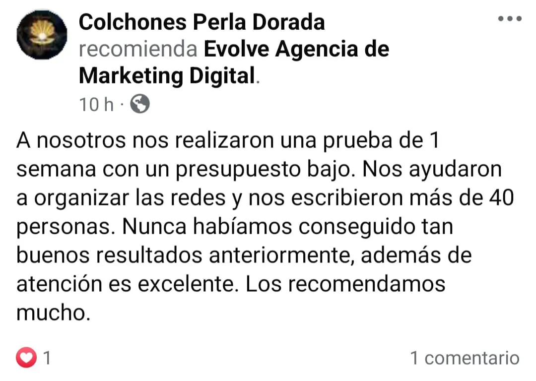 Comentario facebook Agencia de Marketing Digital Evolve, cliente Colchones Perla Dorada