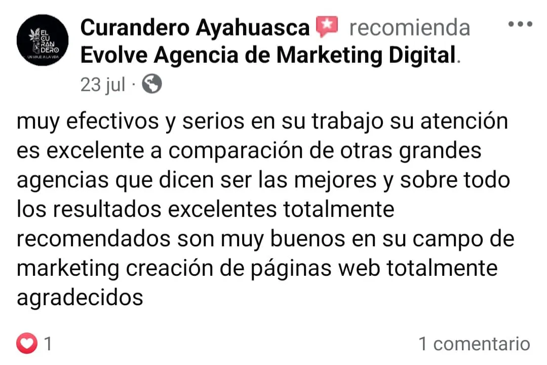 Comentario facebook Agencia de Marketing Digital Evolve, cliente Curandero Ayahuasca