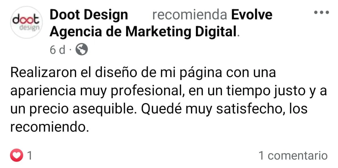 Comentario facebook Agencia de Marketing Digital Evolve, cliente Doot Design