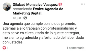Comentario facebook Agencia de Marketing Digital Evolve, cliente Globad Monsalve Vasquez