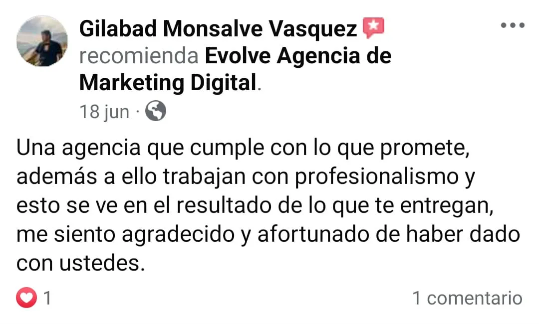 Comentario facebook Agencia de Marketing Digital Evolve, cliente Globad Monsalve Vasquez