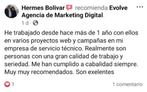Comentario facebook Agencia de Marketing Digital Evolve, cliente Hermes Bolivar