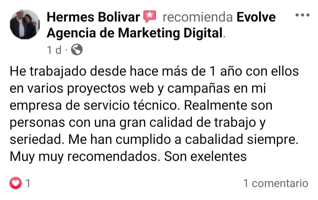 Comentario facebook Agencia de Marketing Digital Evolve, cliente Hermes Bolivar