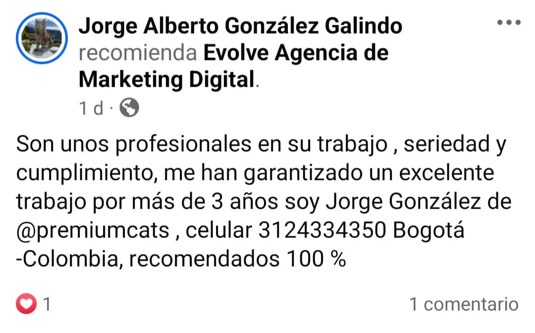 Comentario facebook Agencia de Marketing Digital Evolve, cliente Jorge Alberto González Galindo