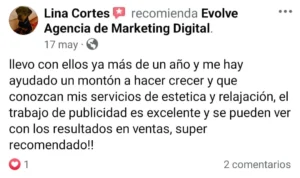 Comentario facebook Agencia de Marketing Digital Evolve, cliente Lina Cortes