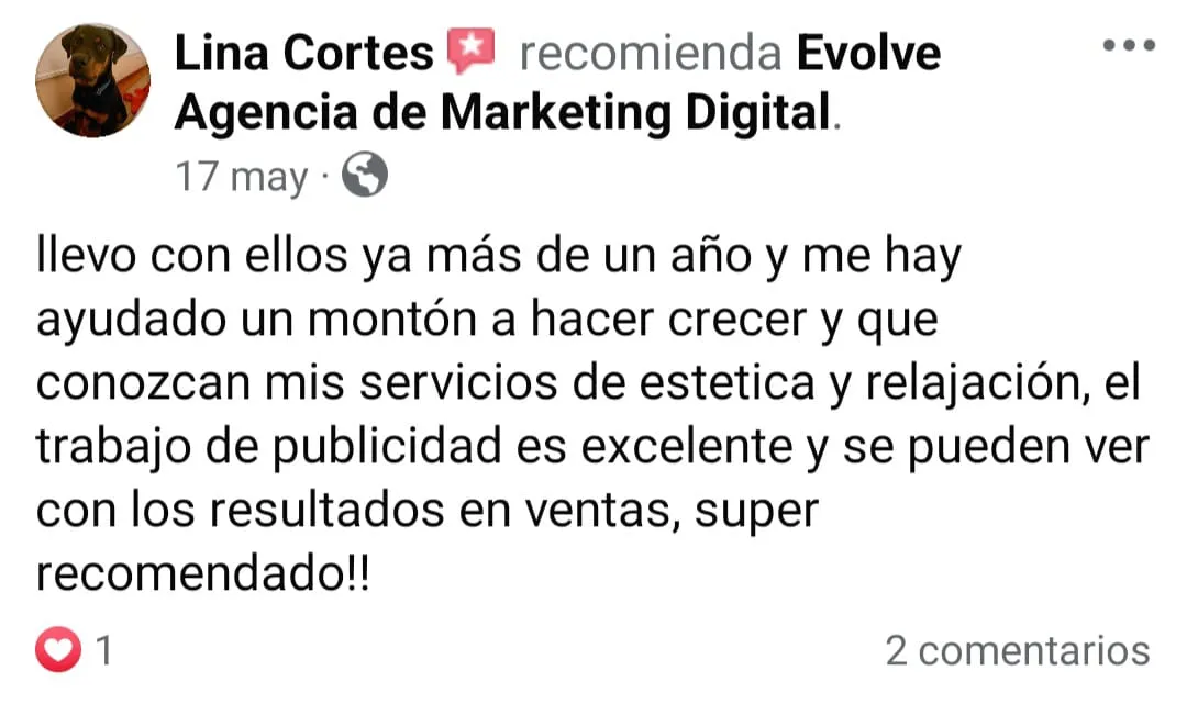 Comentario facebook Agencia de Marketing Digital Evolve, cliente Lina Cortes
