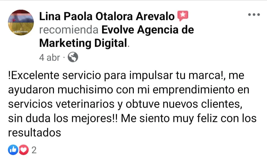 Comentario facebook Agencia de Marketing Digital Evolve, cliente Lina Paola Otalora Arevalo