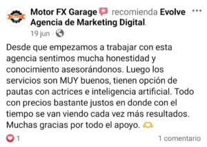 Comentario facebook Agencia de Marketing Digital Evolve, cliente Motox FX Garage
