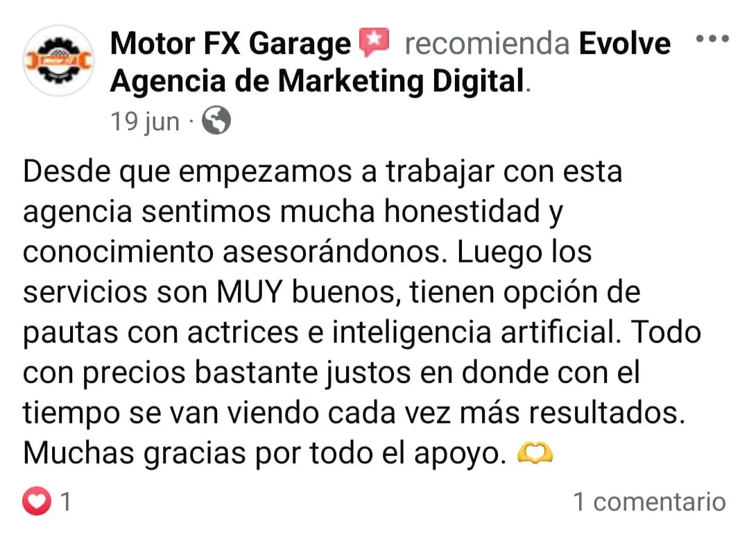 Comentario facebook Agencia de Marketing Digital Evolve, cliente Motox FX Garage
