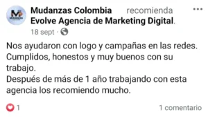 Comentario facebook Agencia de Marketing Digital Evolve, cliente Mudanzas Colombia
