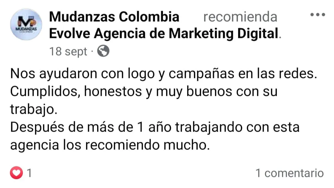 Comentario facebook Agencia de Marketing Digital Evolve, cliente Mudanzas Colombia