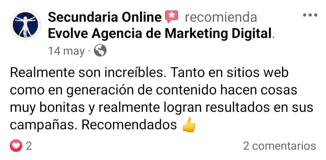 Comentario facebook Agencia de Marketing Digital Evolve, cliente Secundaria Online
