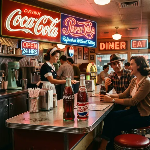 Clientes en un restaurante clásico de los años 50 rodeados de carteles de neón antiguos de Coca-Cola y Pepsi.