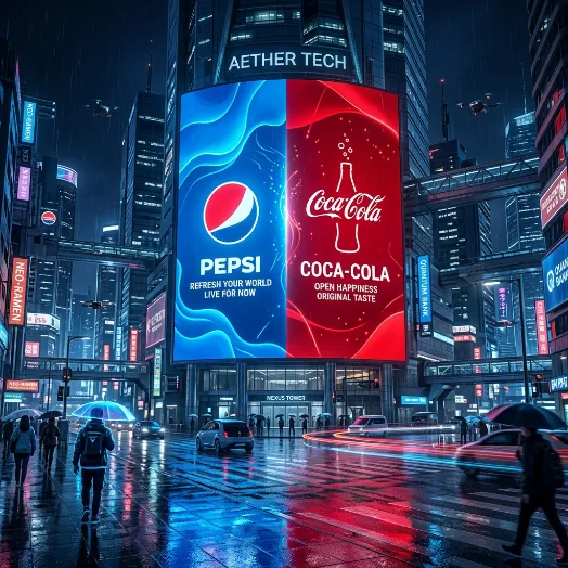 Una enorme pantalla LED en una ciudad cyberpunk dividida con anuncios modernos de Pepsi y Coca-Cola en una noche lluviosa.