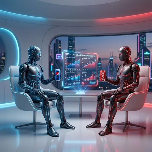 Dos androides futuristas sentados frente a un panel holográfico que compara datos de mercado de Pepsi y Coca-Cola.