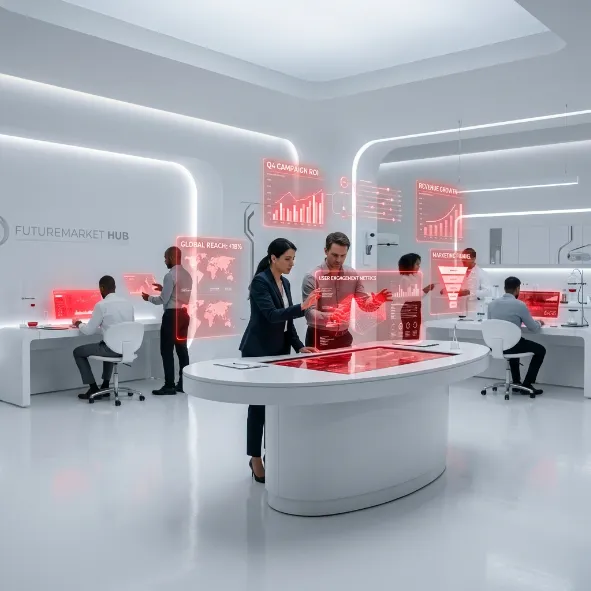 Grupo de analistas trabajando en una sala tecnológica blanca con múltiples interfaces flotantes y mesas interactivas en tono rojo.
