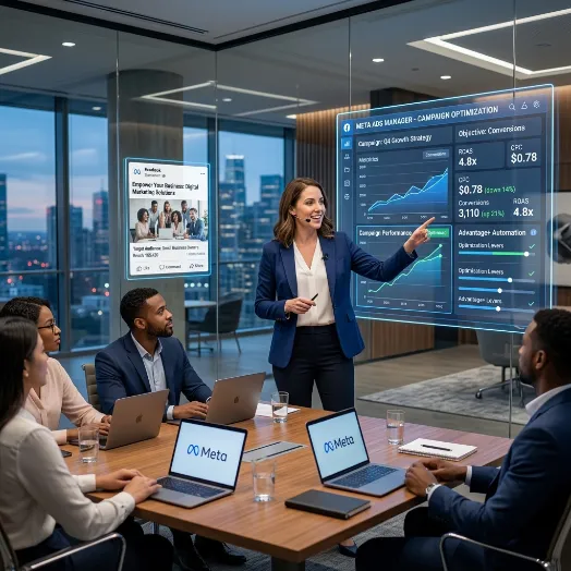 Una ejecutiva señala un panel holográfico transparente con métricas de ROAS y conversiones de Meta Ads ante su equipo.