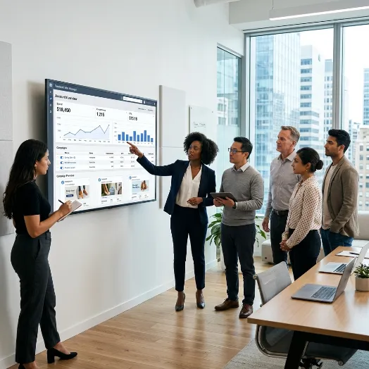 Equipo de marketing analiza gráficos de rendimiento y costos publicitarios en una pantalla digital interactiva.