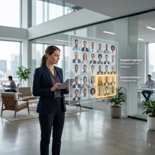 Una mujer de traje corporativo gestiona un panel holográfico flotante que muestra perfiles de usuarios segmentados.