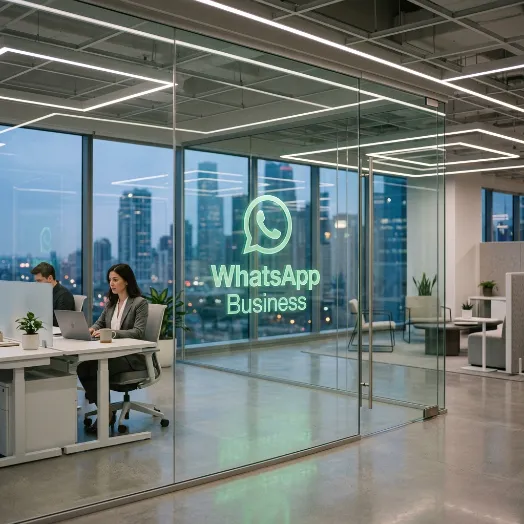 Oficinas corporativas modernas con el logotipo luminoso de WhatsApp Business grabado sobre una mampara de vidrio transparente.