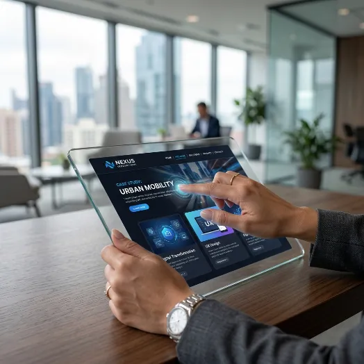 Una persona interactúa con un sitio web corporativo de transformación digital en una tableta transparente dentro de una oficina.