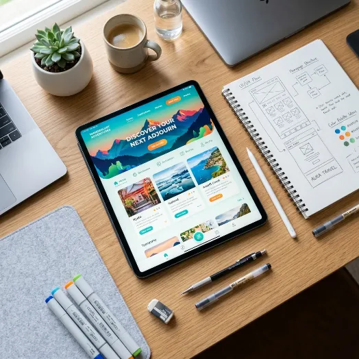 Una tableta digital que muestra el diseño colorido de una página web junto a una libreta con bocetos de su estructura.