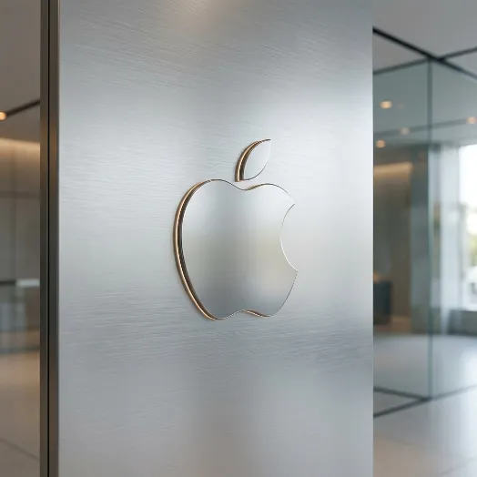 Logotipo metálico en relieve de Apple fijado sobre una pared interior de aluminio cepillado en una oficina moderna.