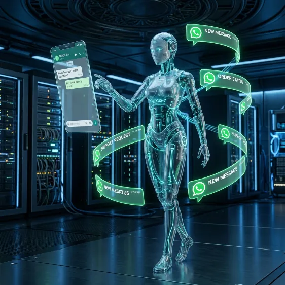 Chatbot humanoide de inteligencia artificial respondiendo mensajes de WhatsApp en un servidor.