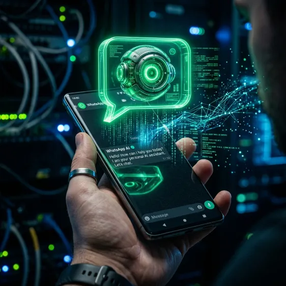 Smartphone mostrando un chat de WhatsApp con un holograma de asistente virtual de inteligencia artificial.