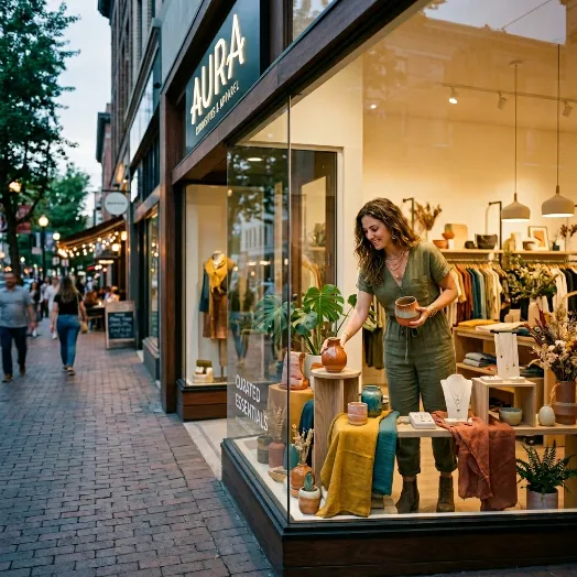 Una mujer acomoda productos artesanales en la vitrina exterior de una boutique de ropa y decoración llamada Aura.