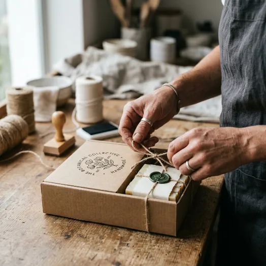 Manos de un artesano amarrando con un hilo de yute una caja de cartón que contiene jabones naturales con sello de cera.