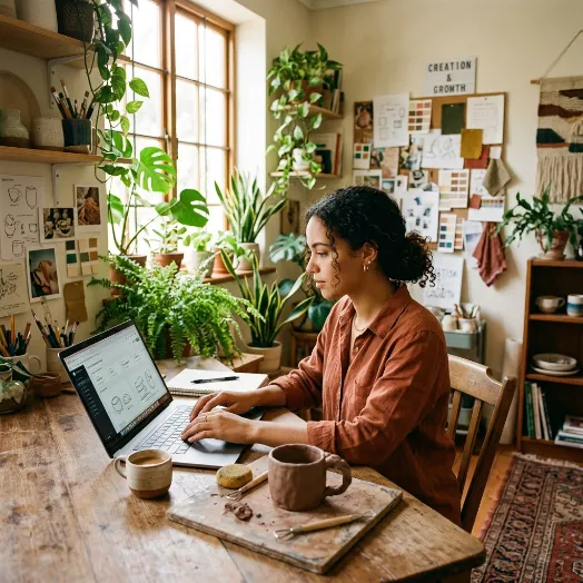 Una emprendedora trabaja en su laptop en un taller decorado con plantas, con herramientas de modelado de cerámica sobre la mesa.