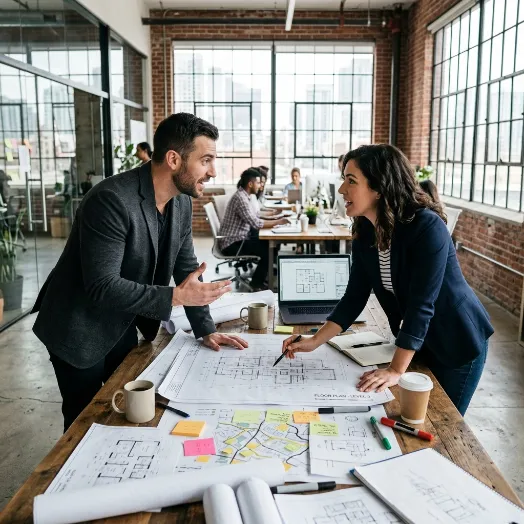 Dos profesionales discuten de pie frente a una mesa de oficina con planos arquitectónicos extendidos, notas y café.