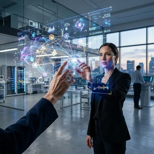 Una ingeniera interactúa en el aire con una pantalla holográfica flotante que muestra diagramas abstractos de redes neuronales y nodos de datos.