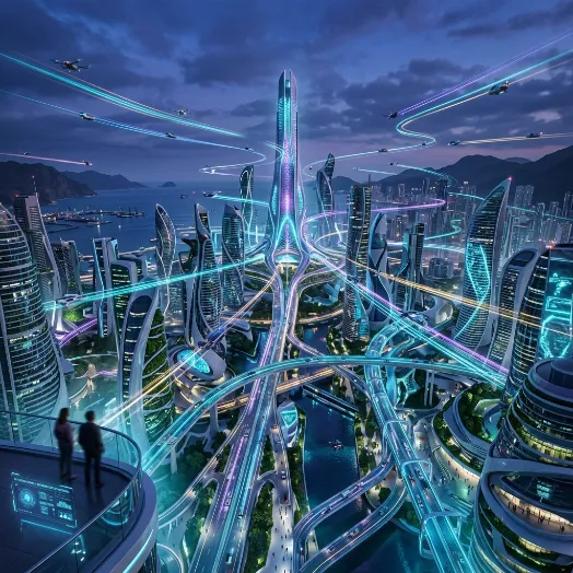 Vista aérea nocturna de una metrópolis futurista con rascacielos curvos, autopistas iluminadas con luces de neón y vehículos voladores.