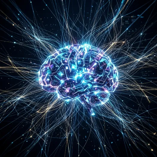Un cerebro tridimensional estilizado con patrones geométricos y circuitos brillantes emite miles de filamentos de luz sobre un fondo oscuro.