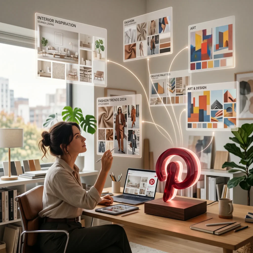 Icono de Pinterest en 3D con tableros de diseño digital flotando a su alrededor.