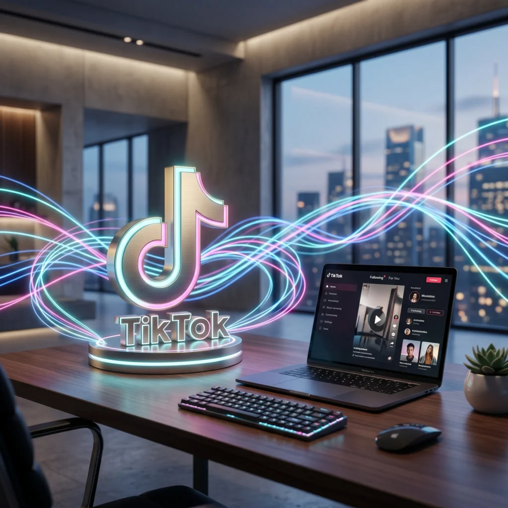 Logotipo de TikTok en 3D sobre un escritorio tecnológico con energía fluida.