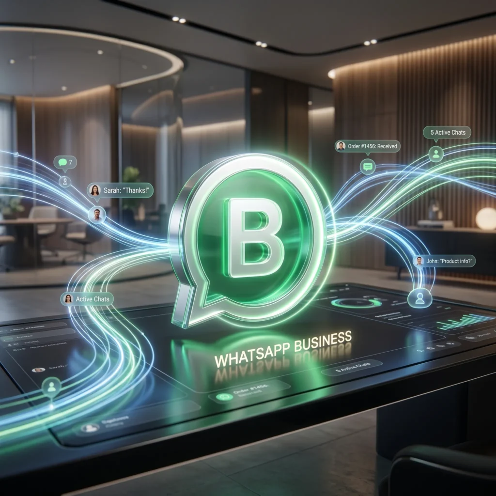 Logotipo de WhatsApp Business en 3D sobre un escritorio con chat de datos.