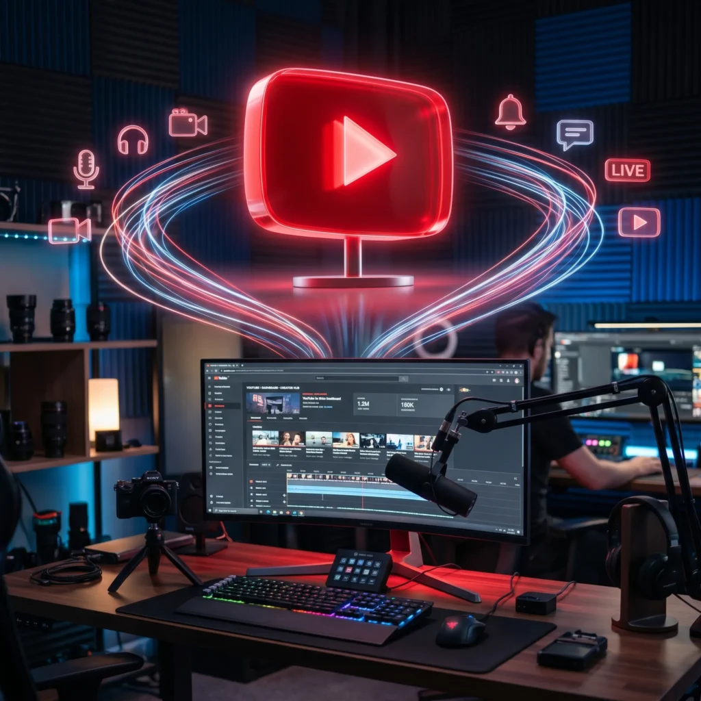 Logotipo de YouTube de neón sobre un panel de control de transmisión en vivo.