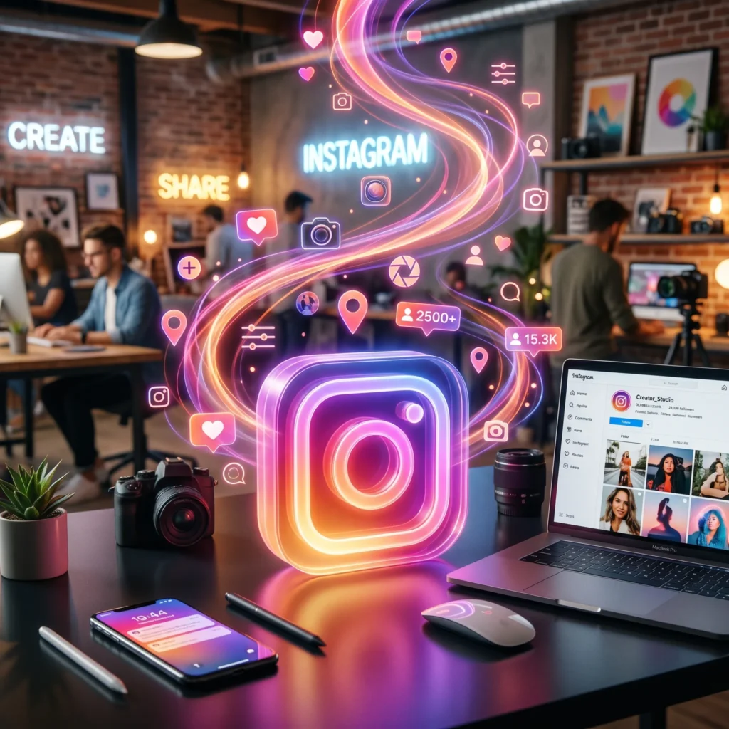 Icono de Instagram de neón en un estudio creativo con energía fluida.