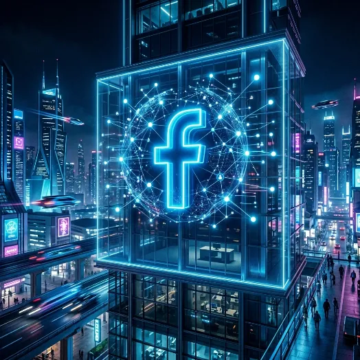 Rascacielos de estilo cyberpunk por la noche con un gran holograma azul brillante del logo de Facebook en su fachada.