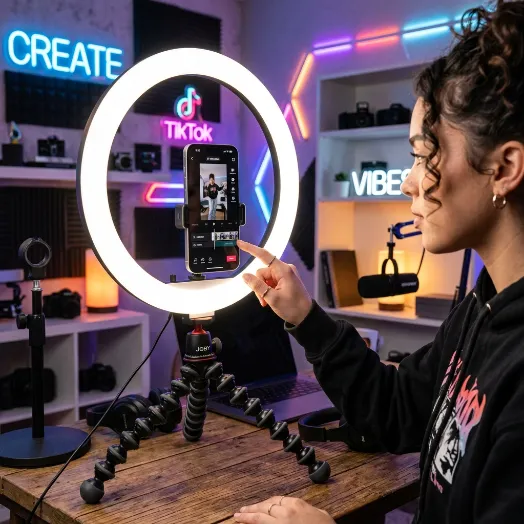 Mujer editando un video en su celular montado en un aro de luz LED con el logo de TikTok al fondo.