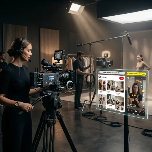 Set de grabación profesional con una camarógrafa y una pantalla holográfica que muestra interfaces de TikTok y Pinterest.