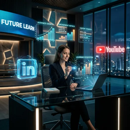 Ejecutiva en su escritorio rodeada de gráficos flotantes interactivos y los logotipos de LinkedIn y YouTube.