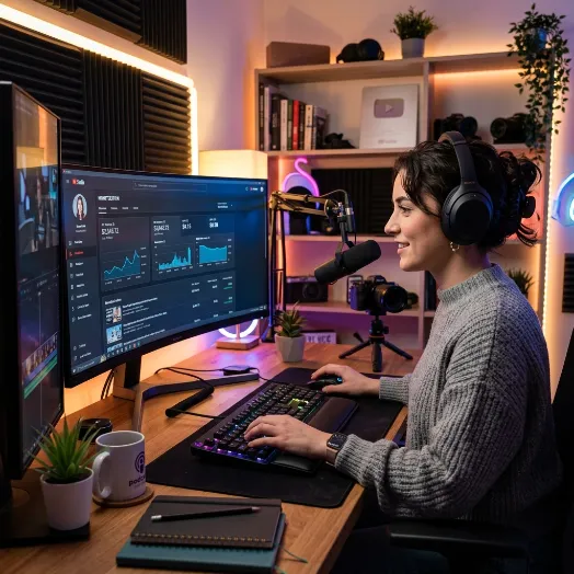 Una mujer con auriculares edita y analiza un panel de control con métricas financieras y de audiencia en una gran pantalla curva desde su escritorio.