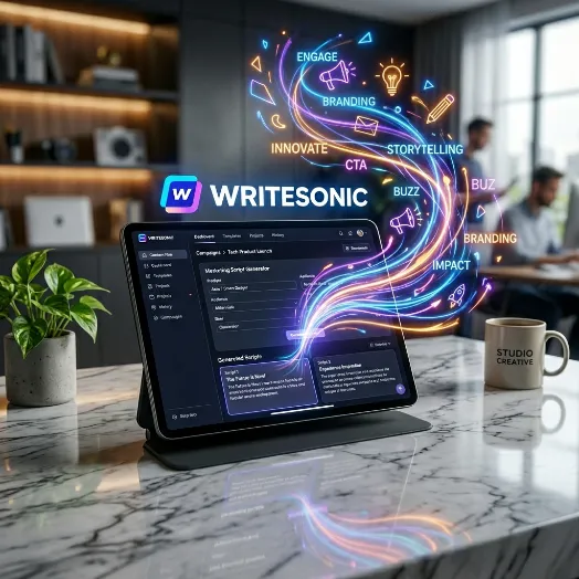 Pantalla de tableta con la aplicación Writesonic abierta, de la cual brotan líneas de luz con conceptos de marketing digital.