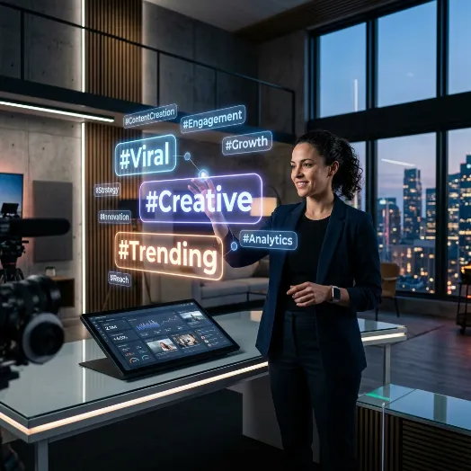 Una mujer de traje interactúa con etiquetas flotantes luminosas como "Creative", "Viral" y "Trending" en un estudio de grabación.